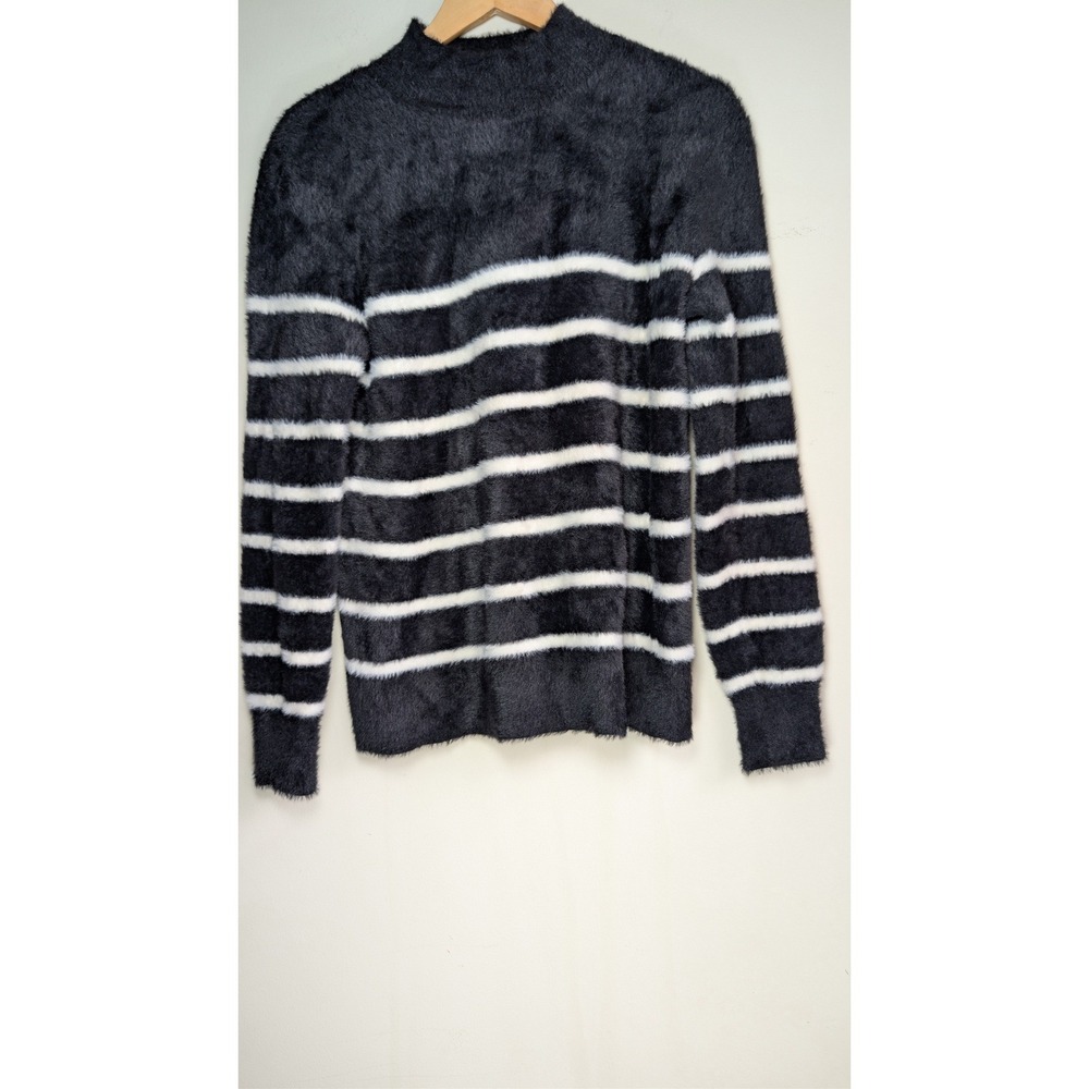 Bailey 44 Womens Black White Striped Fuzzy Eyelash Knit Mock Neck Sweater Size S - Picture 3 of 4